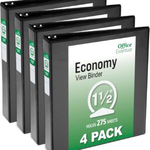 Office Essentials 1.5" Standard View Binders, 4 Black Binders